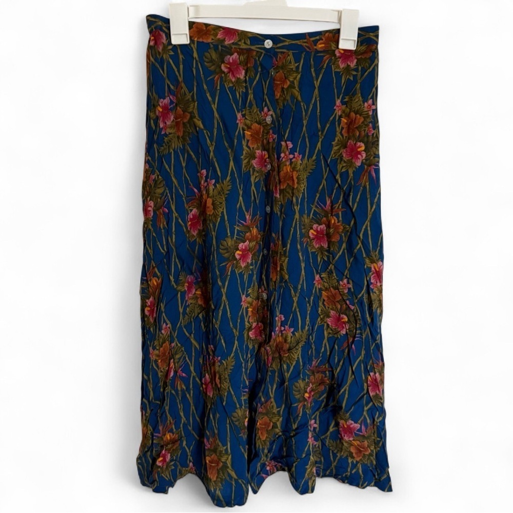 Y2K Karen Scott Blue Hawaiian Floral Tropical Flowy 100% Rayon Maxi Skirt Sz L - Picture 2 of 10